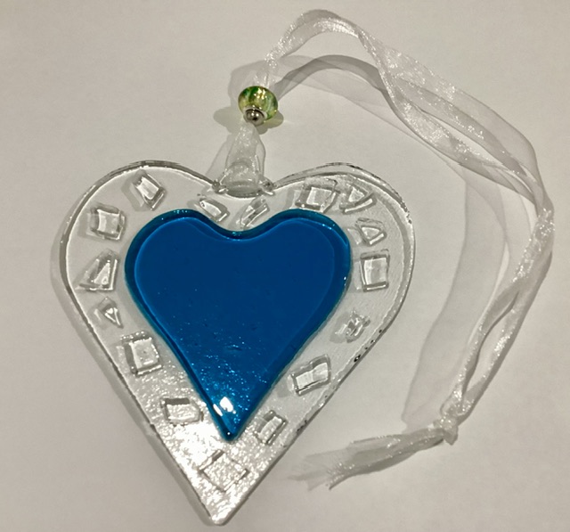 Fused Glass Heart: Clear with Sea Blue centre