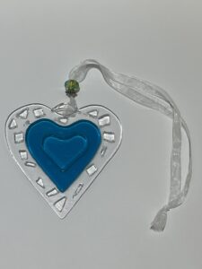 Fused Glass Heart: Clear with 2 Blue Heart Centre