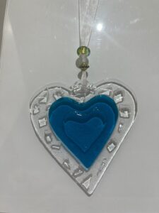 Fused Glass Heart: Clear with 2 Blue Heart Centre