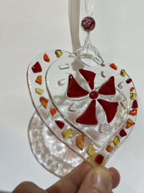 Fused Glass Heart :Clear with Red Centre