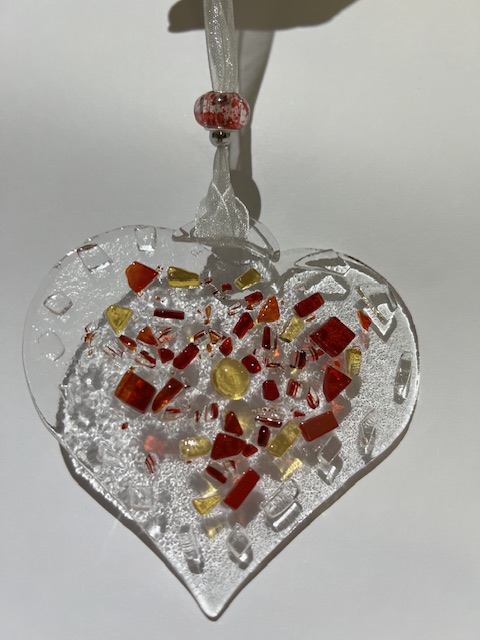 Fused Glass Heart: Red and Yellow Speckled Centre  