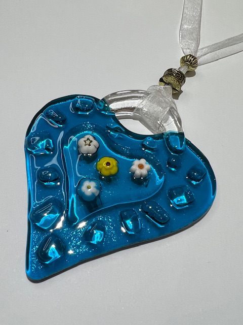 SML Fused Glass Heart: Sea Blue with Blue heart centre