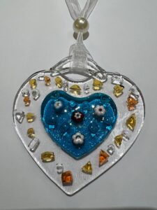 SML Fused Glass Heart: Clear with Sea Blue heart centre