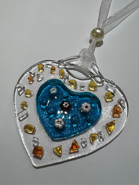 SML Fused Glass Heart: Clear with Sea Blue heart centre