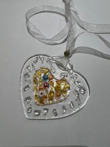 SML Fused Glass Heart: Clear glass with yellow