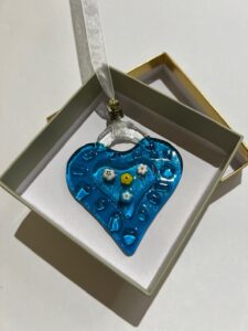 SML Fused Glass Heart: Sea Blue with Blue heart centre