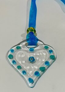 SML Fused Glass Heart: Clear glass with light blue 