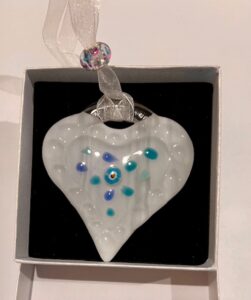 SML Fused Glass Heart: White with blue