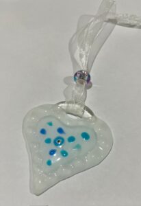 SML Fused Glass Heart: White with blue