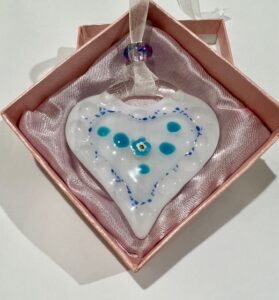 SML Fused Glass Heart: White with blue frit