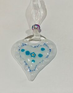 SML Fused Glass Heart: White with blue frit