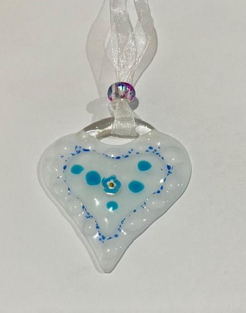 SML Fused Glass Heart: White with blue frit