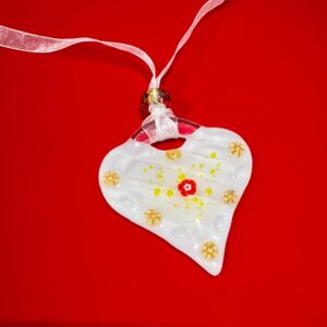 SML Fused Glass Heart: White with Red flower centre