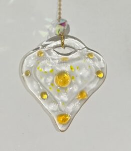 Fused Glass Heart :Clear with Yellow + Gold chain hanger