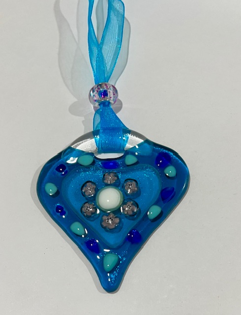 SML Fused Glass Heart: Sea Blue with Millefiori beaded centre